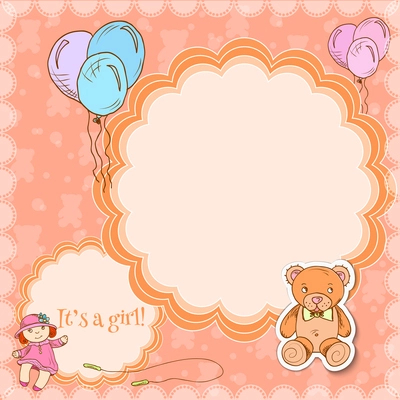 Toys postcard frame template girl set with balloon teddy bear and doll vector illustration.