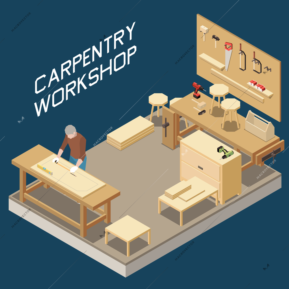 Carpentry workshop isometric composition with woodworker measuring wooden plank furniture production process tools storage board vector illustration