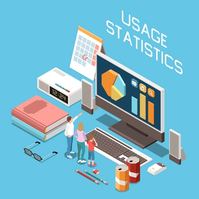 Parental digital control isometric composition with checking screen time usage statistics chart displayed on monitor vector illustration