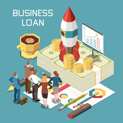 Business startup financing bank loan credit score  isometric composition with funding evaluation rocket on banknotes vector illustration