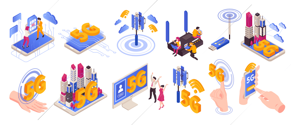 Isometric 5g internet color set of isolated pictogram icons and images of wireless gadgets and people vector illustration