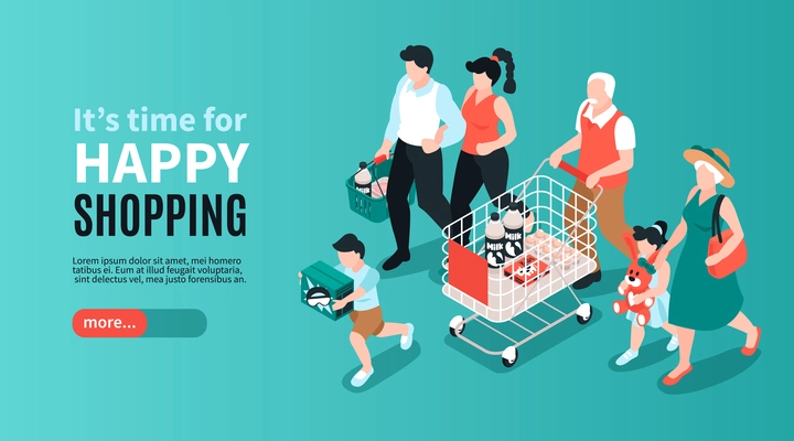 Isometric generation family horizontal banner with text more button and family member characters with shopping carts vector illustration