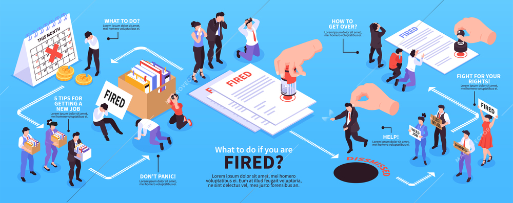 Isometric dismissal infographics with editable text captions arrows and human characters of retired workers with paperwork vector illustration