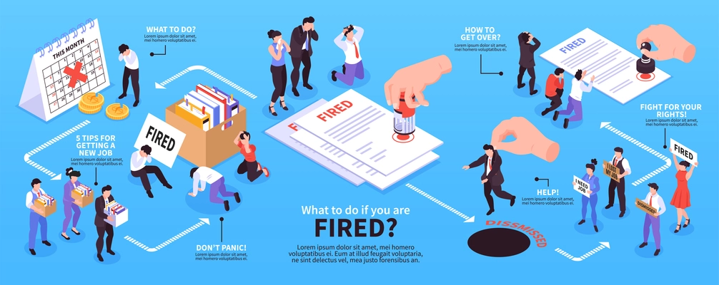 Isometric dismissal infographics with editable text captions arrows and human characters of retired workers with paperwork vector illustration