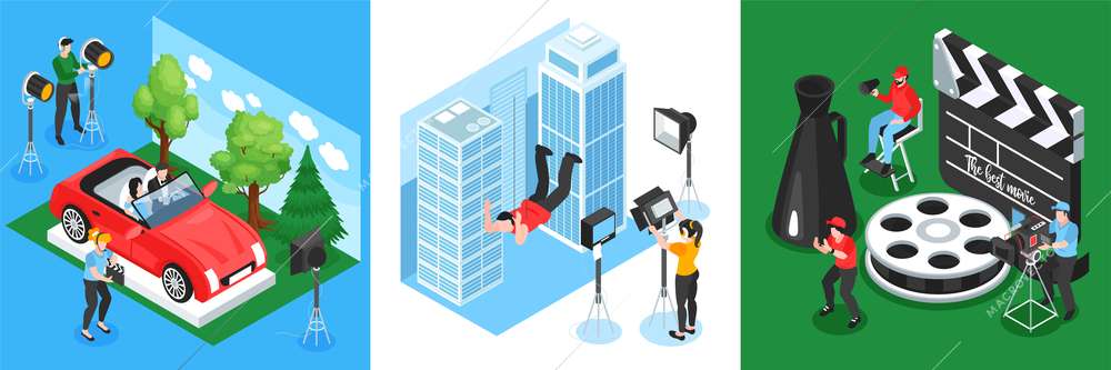 Isometric cinematography design concept with square compositions of various filming locations with actors and shooting crew vector illustration