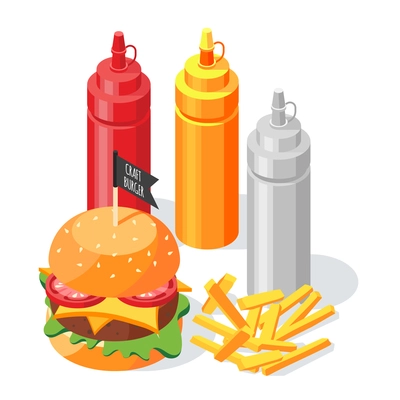 Burger house isometric background composition of burger with fries and three colourful bottles of delicious sauce vector illustration