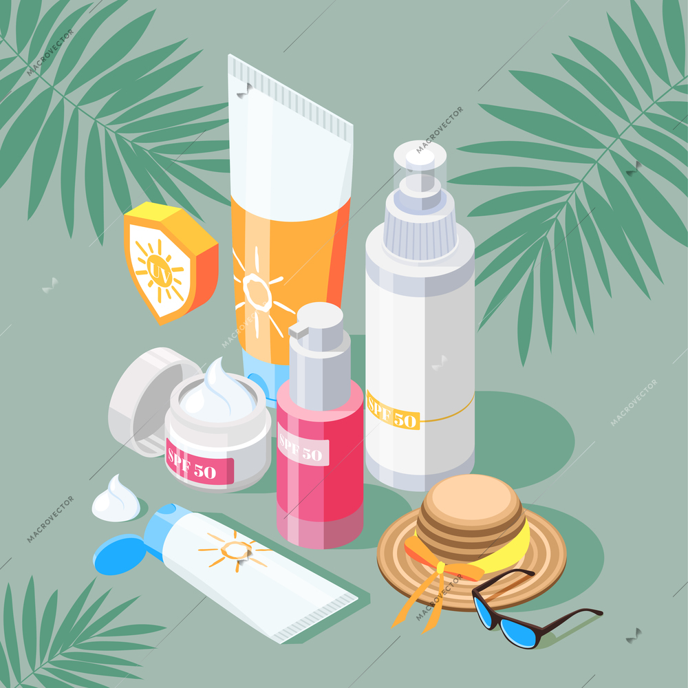 Sunscreen isometric composition with set of sun protection products creams and spray with hat and sunglasses vector illustration