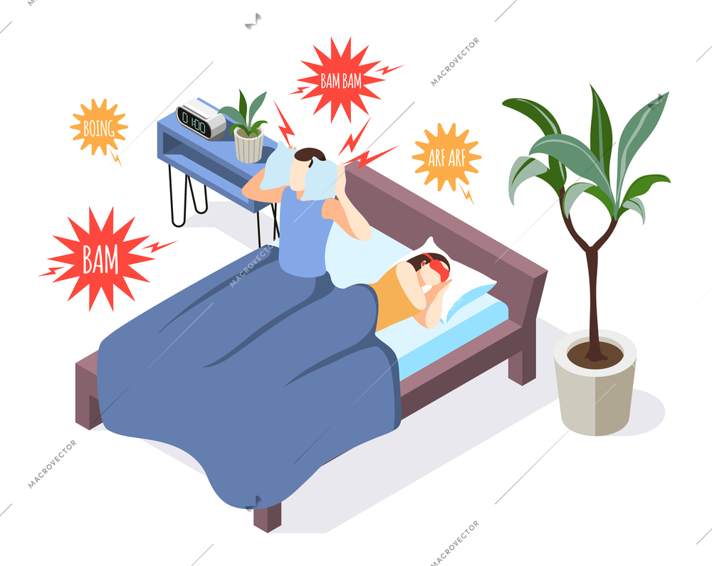 Noise pollution isometric background composition with sleepless man in bed closing ears against annoying sounds icons vector illustration