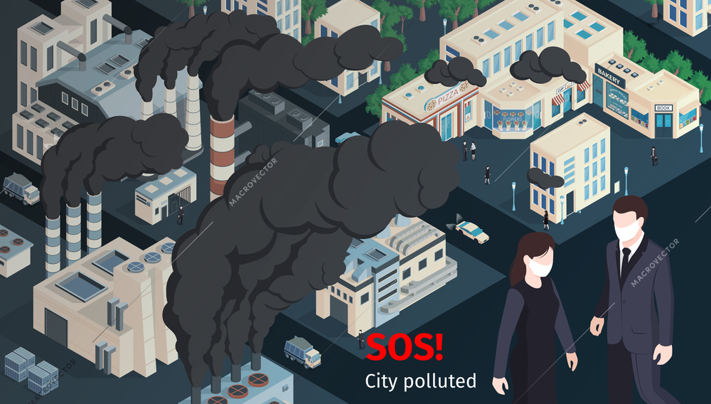 People wearing protective masks in polluted with chimneys smoke industrial smog vehicles exhaust emission city vector illustration