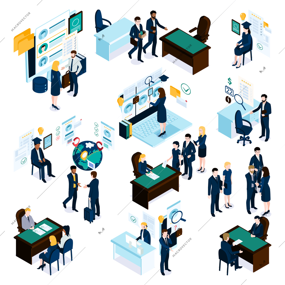 Recruiting agency isometric set with job vacancies searching candidates online interviewing training hiring best professionals vector illustration