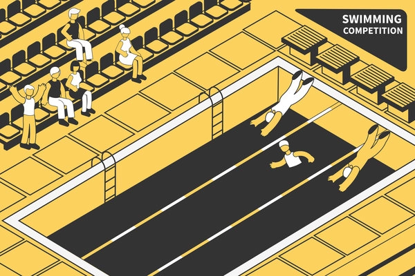 Swimming competitions isometric composition with view of pool with swimmers and stadium stand with fans vector illustration