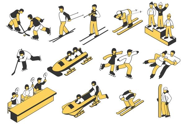 Winter sport isometric icons set with athletes participating in bobsleigh skiing figure skating hockey competition isolated 3d vector illustration