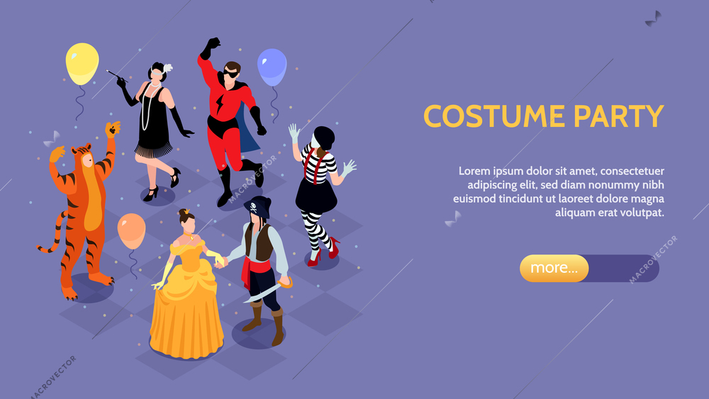 Isometric festive masquerade carnival horizontal banner with characters of party people in costumes text and button vector illustration