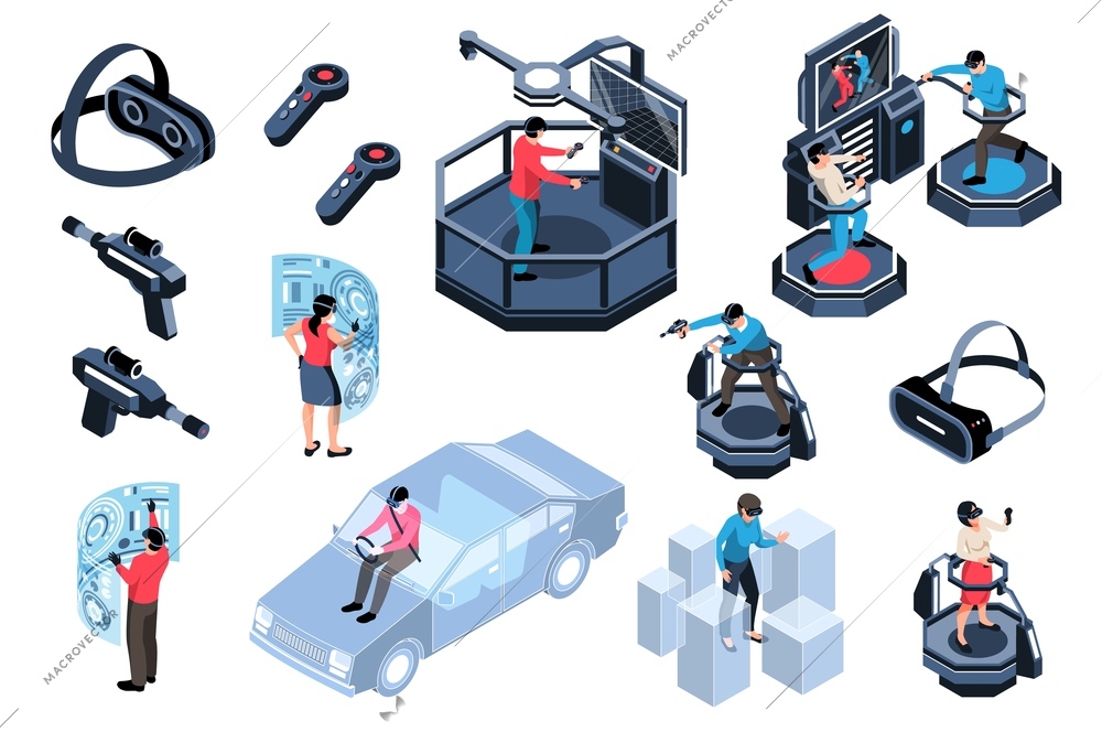 Virtual augmented reality icons set with people portable devices simulators isolated on white background 3d vector illustration