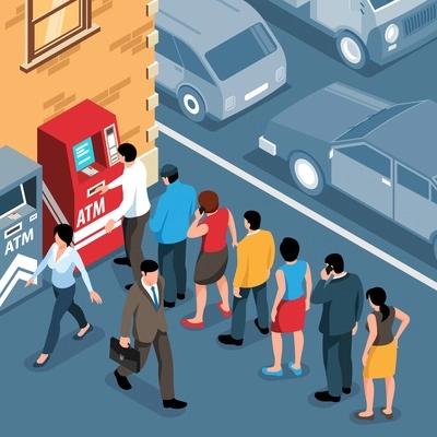 Isometric queue people standing in line near atm outdoors 3d vector illustration