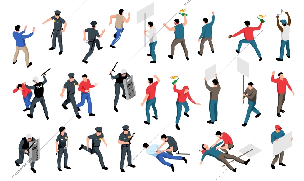 Set of isometric icons with mass protest activists fighting with armed police officers 3d isolated vector illustration