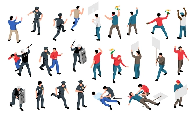 Set of isometric icons with mass protest activists fighting with armed police officers 3d isolated vector illustration