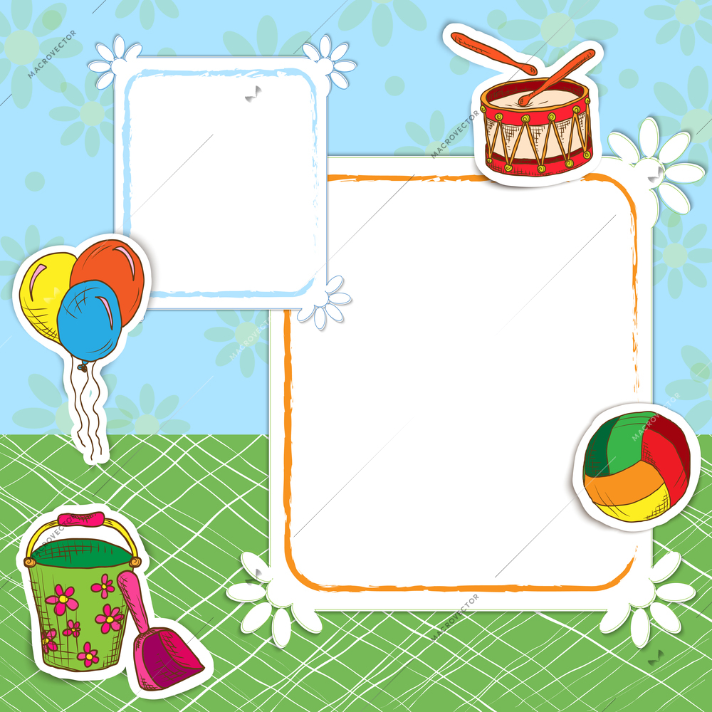 Toys postcard frame template street with icons set with ball bucket drum vector illustration.