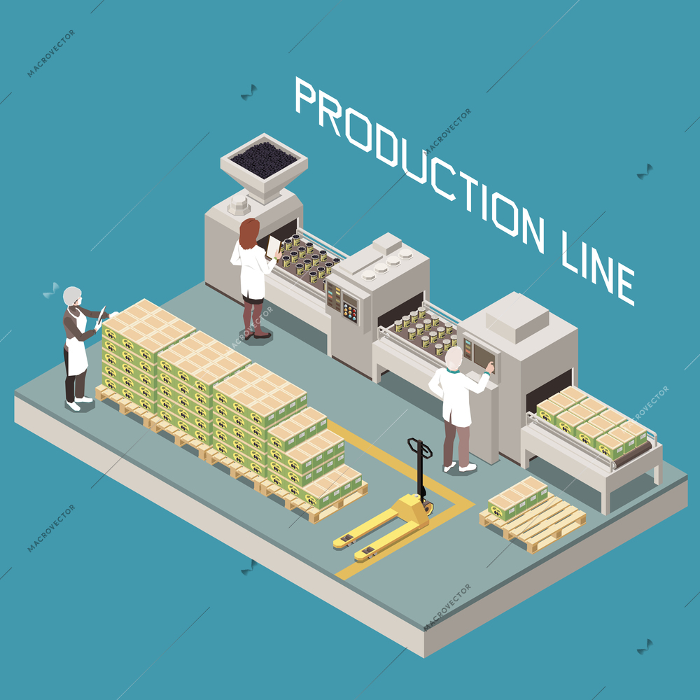 Olive production isometric composition with manufactory line and characters of human operators ready products with text vector illustration