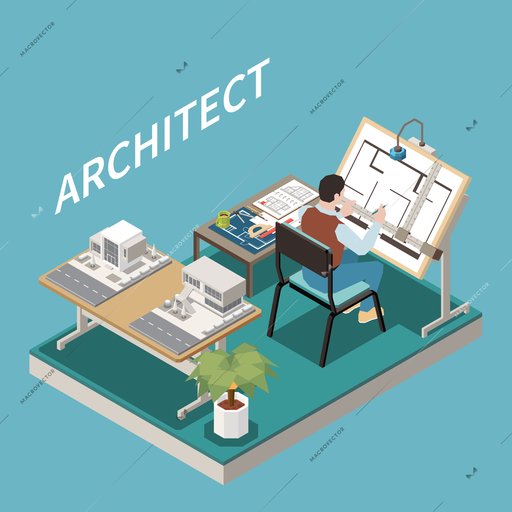 Architect at table isometric composition with view of architects workspace with architectural model and project sheet vector illustration