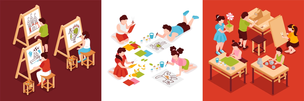 Isometric children art school design concept with compositions of kids characters at tables and drawing easels vector illustration