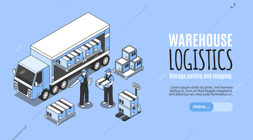 Isometric logistics horizontal banner with image of truck being unloaded and slider more button with text vector illustration