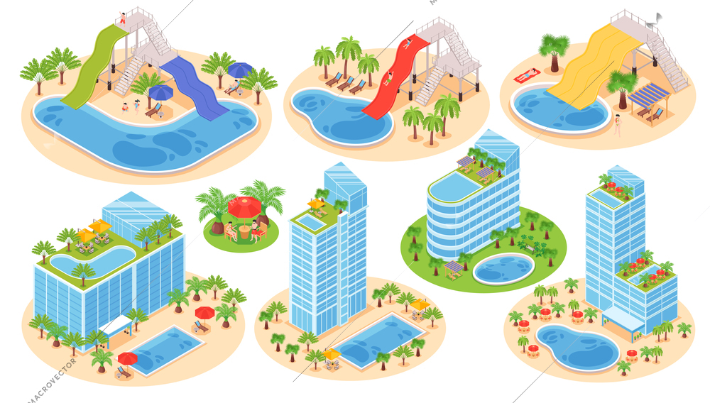 Isometric hotel water park set with isolated compositions of hotel buildings compound with pools and slides vector illustration