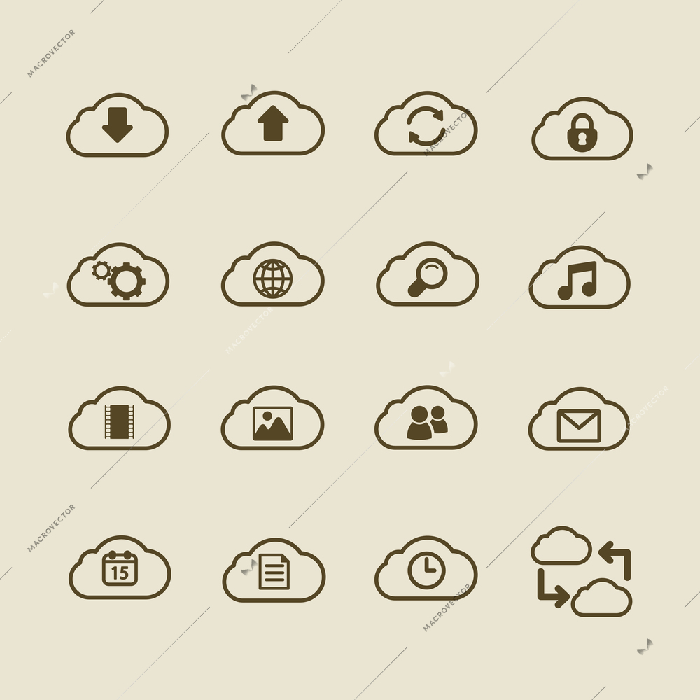 Generic cloud computing iconset, contour flat isolated vector illustration