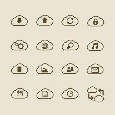 Generic cloud computing iconset, contour flat isolated vector illustration