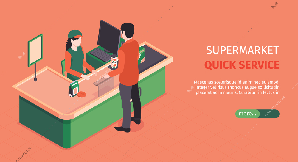 Isometric supermarket horizontal banner with text more button and character of cashier at counter with client vector illustration
