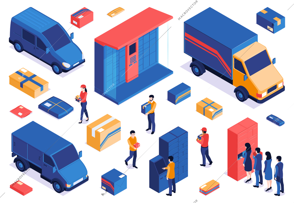 Isometric post terminal set of isolated parcel icons and images of delivery cars with postal workers vector illustration