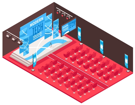 Isometric conference hall composition with view of ceremony venue with stage and projection screens with seats vector illustration