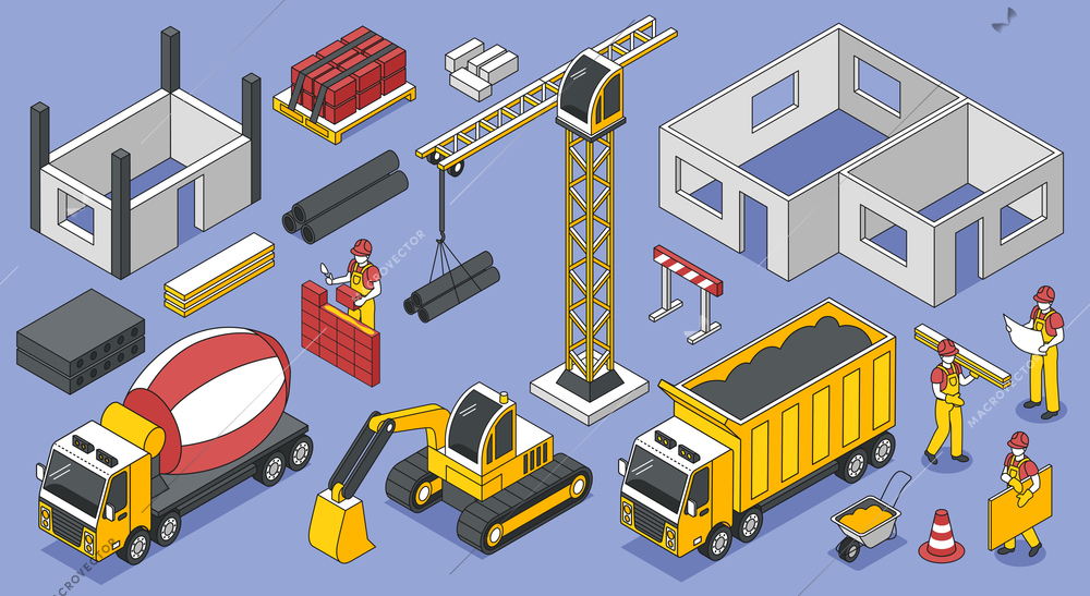 Isometric builders engineer architect outline set of isolated icons and images of construction materials and machinery vector illustration