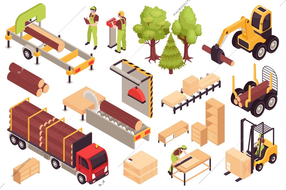 Isometric wooden furniture production process set with isolated icons of manufacturing ready products and sawmill vehicles vector illustration