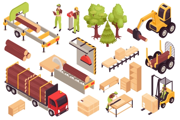 Isometric wooden furniture production process set with isolated icons of manufacturing ready products and sawmill vehicles vector illustration