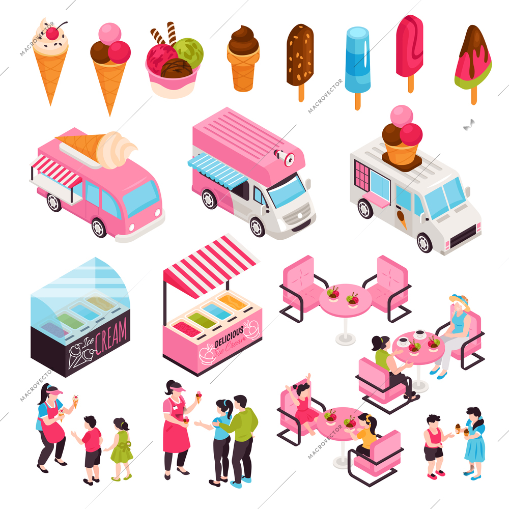 Isometric ice cream cafe set with isolated human characters cafeteria furniture with vans and icecream products vector illustration