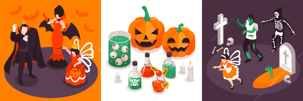 Isometric halloween party design concept with square compositions of funky characters in costumes with potions pumpkins vector illustration