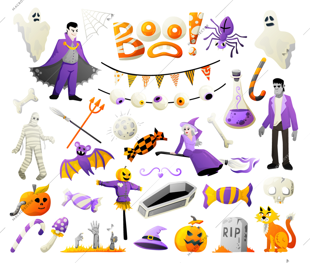 Halloween attributes symbols decorations set with tombstone scary spider pumpkin head bat witch white background vector illustration