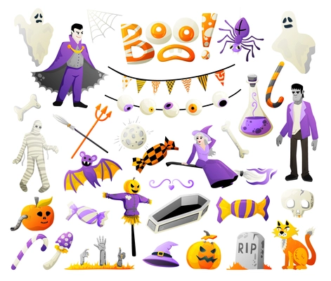 Halloween attributes symbols decorations set with tombstone scary spider pumpkin head bat witch white background vector illustration