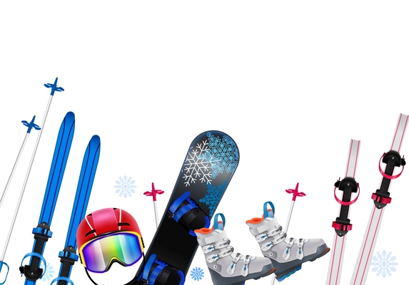 Sports equipment realistic composition with colorful ski snowboard helmet boots vector illustration