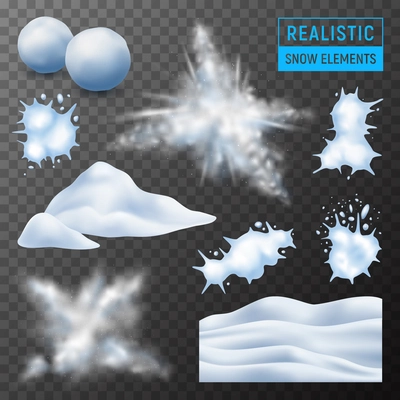 Snow powdery wavy snowdrift mound exploding bursting snowballs splats realistic elements set dark transparent background vector illustration