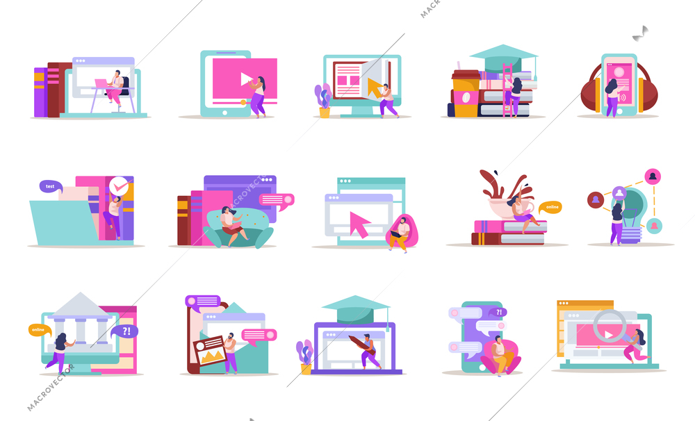 E-learning home schooling flat recolor set with isolated remote education icons and electronic gadget images vector illustration