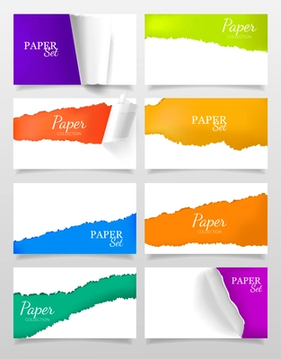 Set of realistic banners with color and white torn paper design isolated vector illustration