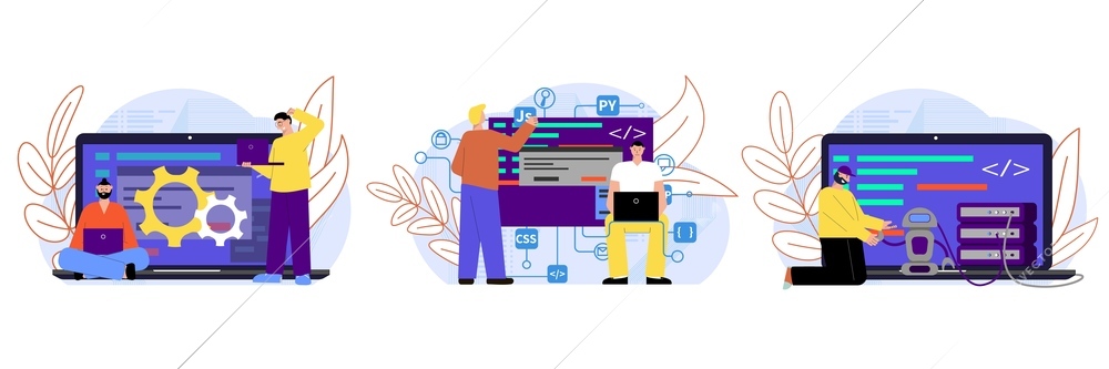 It specialist set of isolated compositions with flat computer screens connection icons and doodle human characters vector illustration