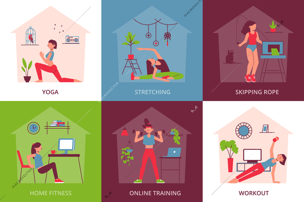 Yoga fitness design concept with female characters doing sport exercises at home with editable text captions vector illustration