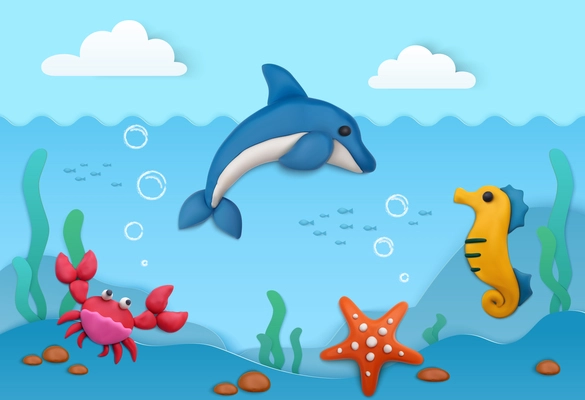 Plasticine summer background with sea underwater life symbols vector illustration