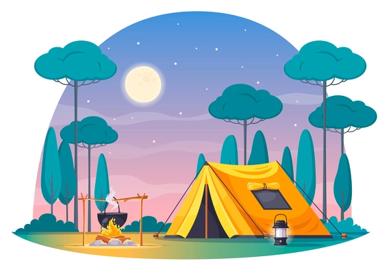 Camping place cartoon composition with yellow tent lamp pot with dinner on fire night sky vector illustration