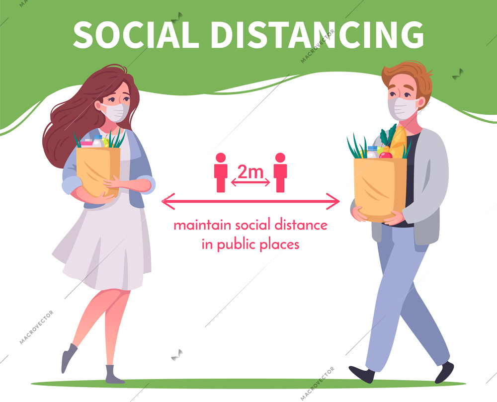 Social distancing in public places inforgraphic poster with people wearing masks and holding bags with products cartoon vector illustration