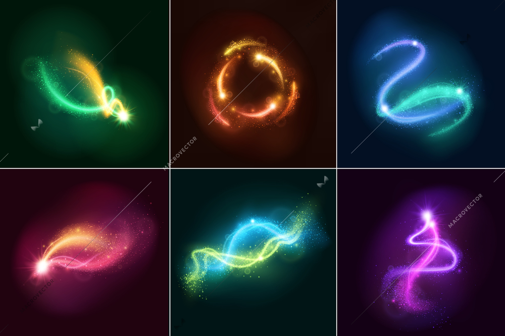 Magic stardust realistic design concept consisting of six multicolored luminous abstract shapes on black background vector illustration