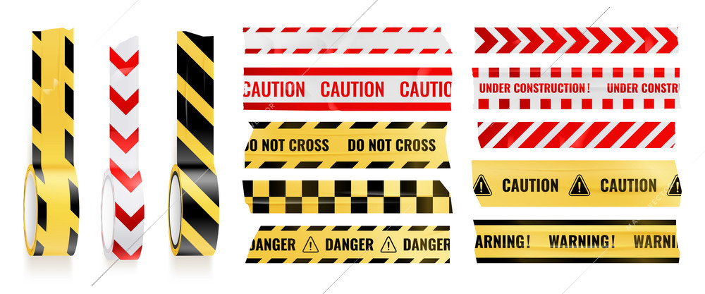 Sticky caution adhesive tapes realistic icon set with warning caution danger and do not cross descriptions vector illustration